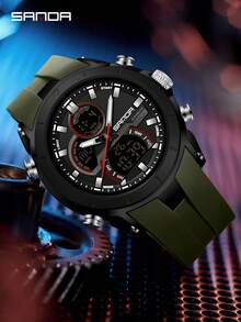 SANDA 6279 Electronic Quartz Watches For Man Dual Display Large Dial Calendar Luminous Waterproof Outdoor Sports Digital Watch - Army Green - View 4