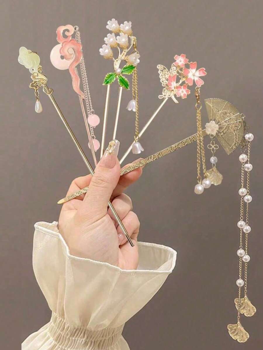 4件/1件合金髮飾,優雅櫻花髮簪適用於漢服,流蘇髮夾,旗袍髮髻飾品 - 高端設計,極簡時尚,合金材質,易於使用,精美禮物,髮簪 - 彩色 - 查看 1