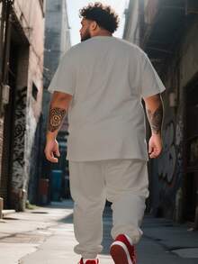 Men's Street Casual Minimalist Series "Multi-Color Block Patchwork" Pattern Sports Set - Polyester Knit Fabric, Crew Neck Design, Drawstring Cuffed Pants, Pocket Details, Regular Fit, Suitable For Plus Size - Grey - View 2