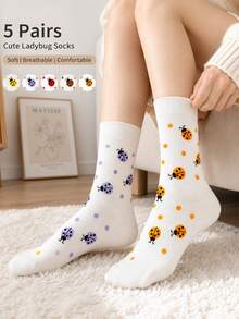5 Pairs/1 Pair Colorful Cute Cartoon Insect Pattern Mid-Calf Socks, Women's Casual Sweet Ladybug Pattern Sports Socks, Breathable Skin-Friendly Moisture-Wicking, Suitable For Daily Wear And Outdoor Sports - Multicolor - View 1