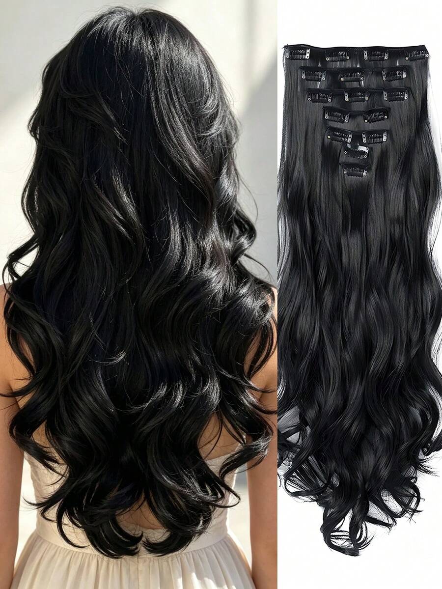18-30 Inch Long Wavy Clip-In Hair Extensions, 7pcs/Set, Thickened Hair Pieces, Invisible Clip Design, Soft Synthetic Fiber, Black, For Women