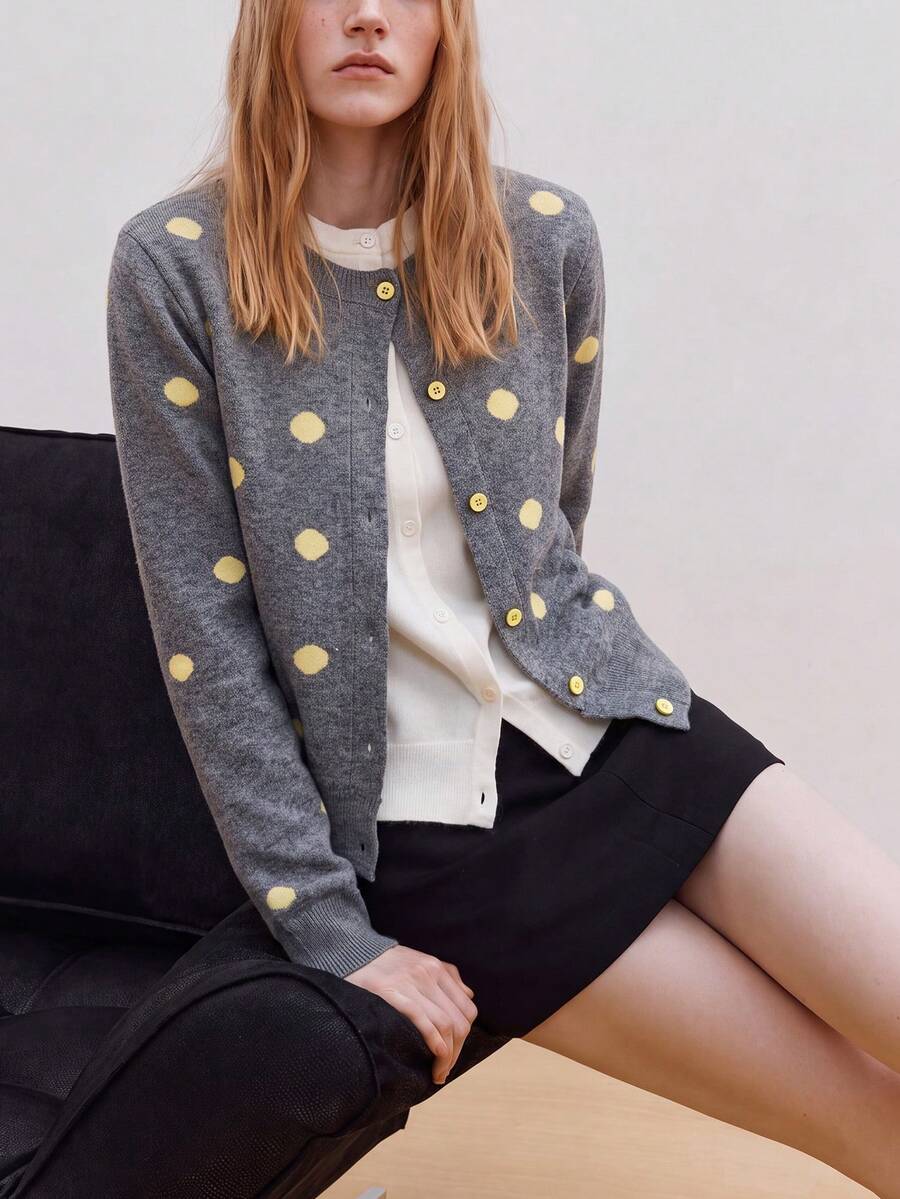 Women's Autumn Casual Minimalist Polka Dot Pattern 2 In 1 Knit Cardigan Jacket Fall - Light Grey - View 1