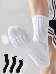 Kaos Kaki Olahraga Pria dengan Sol Terry, Kaos Kaki Pendek Musim Gugur/Dingin, Bernapas, Menyerap Keringat, Anti Selip, Warna Hitam dan Putih - Hitam dan Putih - View 1