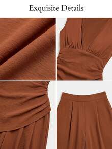 Elegant Women's Deep V Neck Ruched Bust Two Pieces Jumpsuit, Zipper Detail, Non-Stretch For Fall - Reddish Brown - View 9