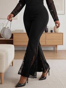 SHEIN Lady Plus Size Stretchy Lace Patchwork Skinny Flare Pants, Black Flare Pants, Flare Pants With Lace, Elegant Daily Wear Date Night & Evening Flare Trousers - Black - View 4