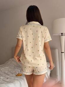 2件組女款舒適格紋與檸檬印花短袖領口上衣與蝴蝶結短褲睡衣套裝，春夏款 - 黃色 - 查看 2