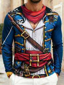 Pirate Uniform Optical Illusion Men's Long Sleeve T-Shirt Halloween Costume Casual Shirt - Multicolor - View 3