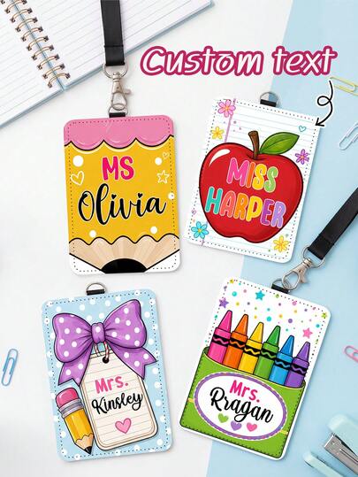 1pc Custom Teacher Name ID Badge Holder Lanyard,Personalized Pencil Apple Bow Crayon Doodle Card Sleeve,Teacher Appreciation Gift,Back To School Gift