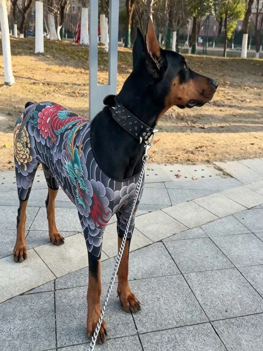 1件裝龍圖案寵物T恤,柔軟透氣彈性寵物衣,適合小型到大型犬,防掉毛寵物套裝,刺青風格狗狗衣服,適合夏季戶外散步與日常穿著 - 彩色 - View 1