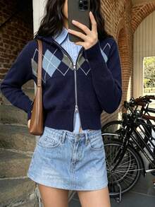 Women's Collegiate Style Argyle Knit Zip-Up Cardigan Sweater, Suitable For Autumn Casual Style, Medium Stretch Regular Length Pullover - Navy Blue - View 6