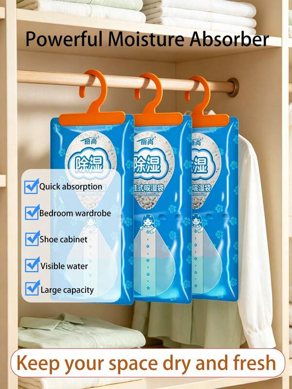 1/3/5pcs Closet Dehumidifier Bags, Calcium Chloride Net Content 240g, Large Capacity Lasts About 30 Days, Hanging Dehumidifier With Visible Water Collection Device, Suitable For Kitchen, Bathroom, Cabinet, Shoe Rack, Car, School, Office, Home Dorm, Travel, Christmas Gift