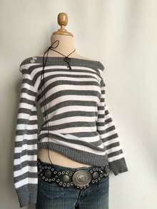 Atasan Sweater Rajut Wanita Kasual Lucu Motif Space Dye dengan Bahu Longgar - Grey - View 5