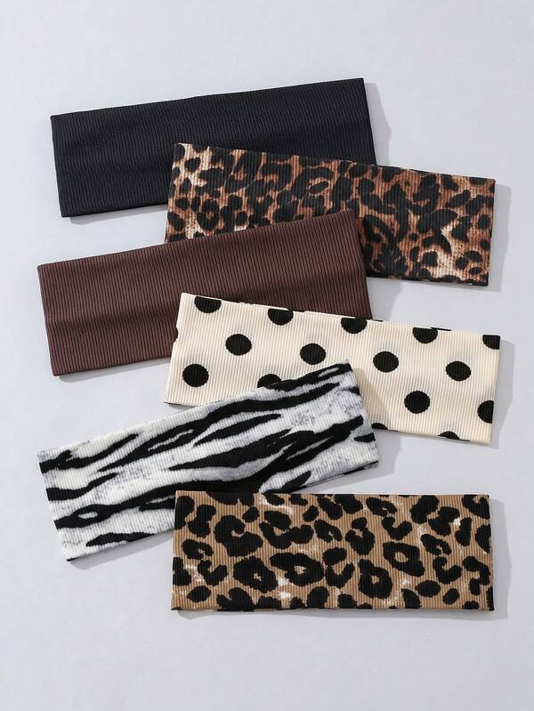 6pcs/Set Fashion Women's Leopard Print & Polka Dot Pattern Soft Non-Slip Headbands, Elastic Yoga Sports Hair Accessories, Versatile For Daily Wear And Multiple Occasions