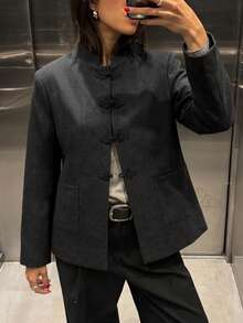 中式青蛙盤扣立領亞麻混紡夾克女款，復古棕色開襟口袋外套，黑色 - 黑色 - 查看 3