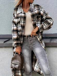 Women Plaid Shacket With Long Sleeves And Collar, Casual Midi Length Drop Shoulder Woven Fabric Coat For Layering In Fall - Black - View 1