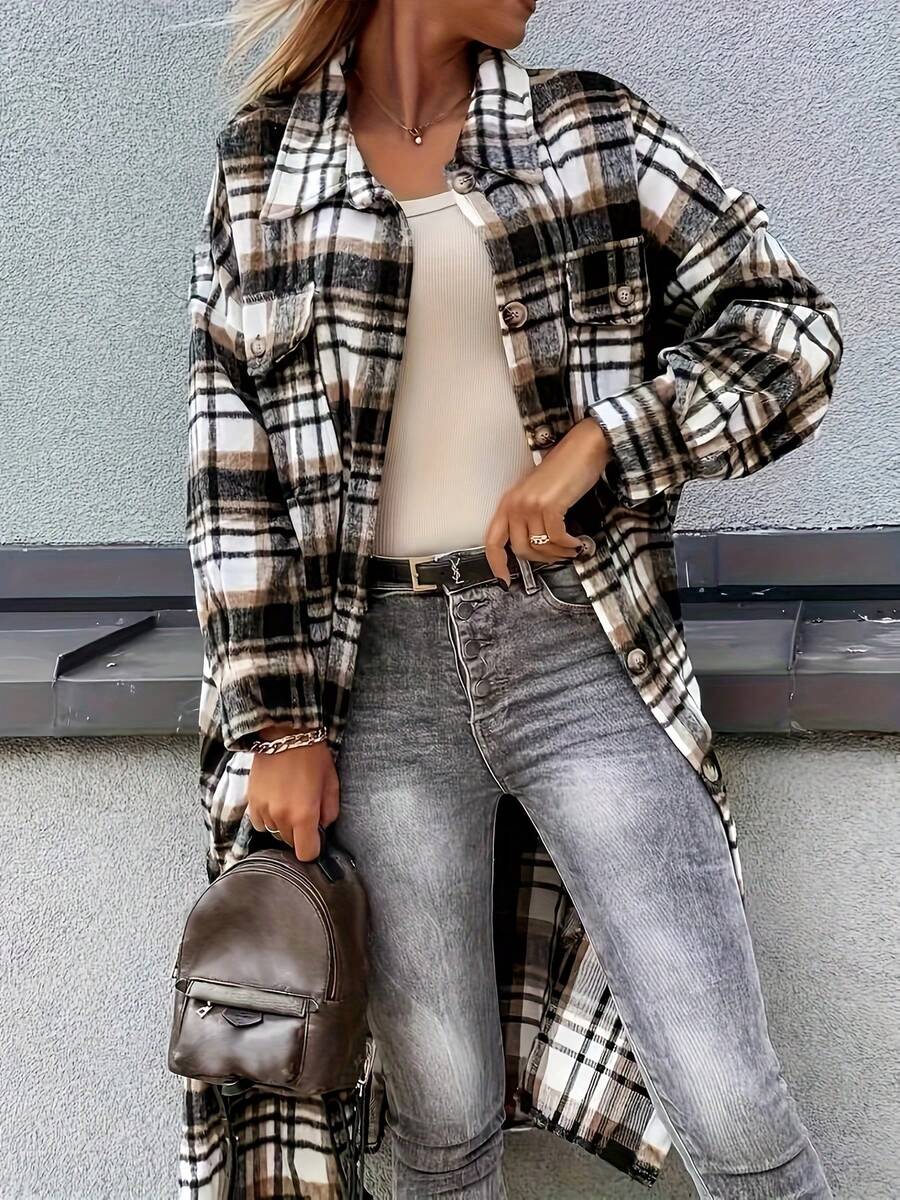 Women Plaid Shacket With Long Sleeves And Collar, Casual Midi Length Drop Shoulder Woven Fabric Coat For Layering In Fall - Black - View 1