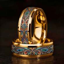 8mm Fashion Gold Peacock Tail Stainless Steel Couple Rings, Comfortable To Wear, Suitable For Daily Wear, Valentine's Day, And Anniversaries - C*1469 - View 1