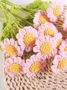 6 piezas Ramo de margaritas de ganchillo hecho a mano, arreglo floral artificial realista, flores de tela blancas y amarillas encantadoras, colores vibrantes, versátil para decoración estacional del hogar, coche, oficina - Ideal para el Día de San Valentín, Día de la Madre, Acción de Gracias, Boda, - Multicolor - Ver 9