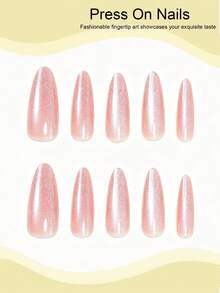 Capture Exclusive Beauty! 10pcs Long Pointed Minimalist Elegant Sparkling Light Pink Cat Eye Glossy Press-On Nails, Fresh Gentle Nude Pink Crystal Cat Eye Design Pointed Nail Tips, Includes 1 Sheet Jelly Glue And 1 Nail File (Jelly Glue Randomly Shipped), Suitable For Women And Girls For DIY Design, Can Be Used For Daily, Party, Date And Other Occasions - Pink - View 3