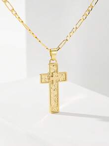 1PC European & American Classic Style Copper Layered Large Vintage Gold Double Cross Guardian Light Limited Edition Pendant Necklace, Suitable For Christmas/Thanksgiving/Halloween/Mother's Day/Valentine's Day Couples/Friends/Fellow Believers Gift, Catholic First Communion, Gift, Daily & Holiday Wear Prayer - Yellow Gold - View 7