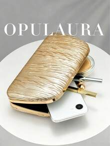 OpulAura 復古奢華手拿包，金色 PU 皮革亮面百褶設計時尚派對包，正式派對手拿包，高端方型小包，適合派對/婚禮/正式場合晚宴女士包，附鏈條 - 金色 - 查看 4