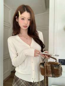 Autumn/Winter Korean Sweet Casual Style All-Match V-Neck Knit Cardigan For Women, Gentle Versatile Solid Color Top, Style Fall - Apricot - View 7