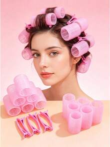 10/12/24pcs Self-Adhesive Hair Roller Set With Clips And Headbands, Heatless DIY Hair Curler For Long, Medium And Short Hair, Essential Home Hair Styling Tool For All Hair Lengths - Pink - View 1