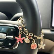 1pc Gold Single & Double Layer Ornament Chain, Heart Butterfly Starfish Shell Crystal Car Steering Wheel Hanging Pendant Elegant Metal Car Interior Accessories - A - View 6