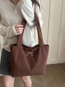 Corduroy Solid Color Shoulder Tote Bag - Coffee - View 7