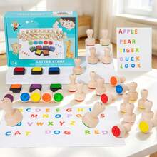1 Set Wooden Letter Stamps Full Set 26 English Letters Hand Stamping 6-Color Ink Pad English Enlightenment Spelling Toy Children Early Education Painting Doodle Educational Set - 彩色 - 查看 3