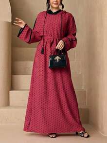 時尚百搭波點連帽長款女款 2 件套優雅柔軟 Abaya 外罩袍 + 腰帶套裝 防曬穆斯林服飾披肩 - 玫紅色 - 查看 6