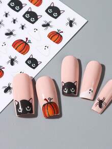 2pcs Cute Halloween Nail Art Stickers, Cartoon Black Cat Pumpkin Ghost Spider Gothic Style Nail Decals, Autumn Nail Decoration DIY Halloween Party Nail Supplies - Multicolor - View 4