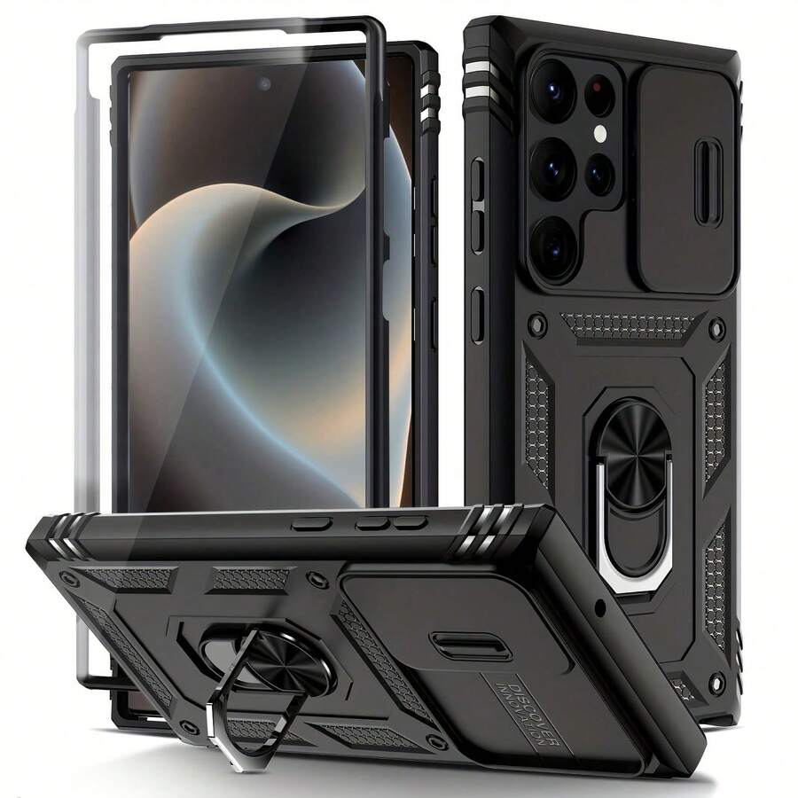 Funda a prueba de golpes para iPhone con soporte metálico giratorio, protección de lente con ventana deslizante y función de carga inalámbrica para coche - Negro - Ver 1