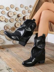 Black Chelsea Ankle Boots, Round Toe Chunky Heel Shaft Boots, Versatile Commuter Boots, Suitable For Daily, Work, Date, Fashion Styling - Black - View 6