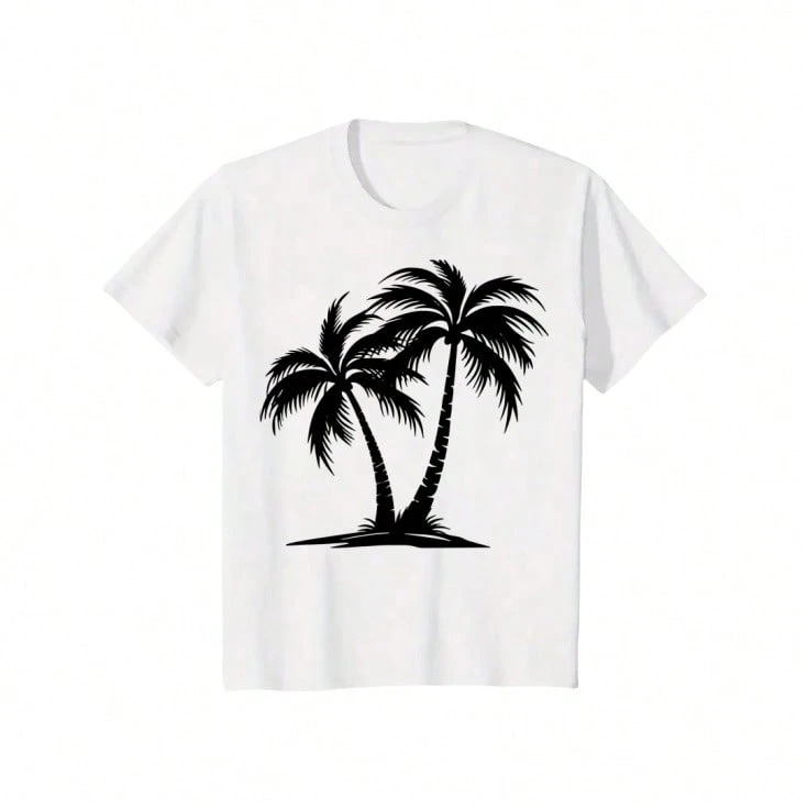 [Palm Tree T-Shirt] Summer Casual Palm Tree Printed Women's Round Neck Short Sleeve T-Shirt - 白色 - 查看 1