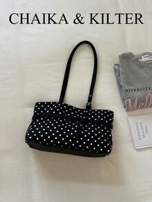 CHAIKA & KILTER 1pc Solid Color PU Fabric Tote Bag, Women's Retro Fashion Shoulder Tote Bag, All-Over Ripple Dot Pattern, Double Handle Design, Zipper Closure, Strap Decoration, Suitable For Daily And Street Use (Sold With Pendant) - Black - View 7