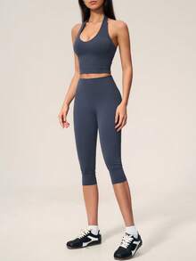TimeOff Women's One Set Solid Color Halter V-Neck Cropped Tank Top & High Waist Mid-Length Shorts Sports Outfit - Navy Blue - View 6