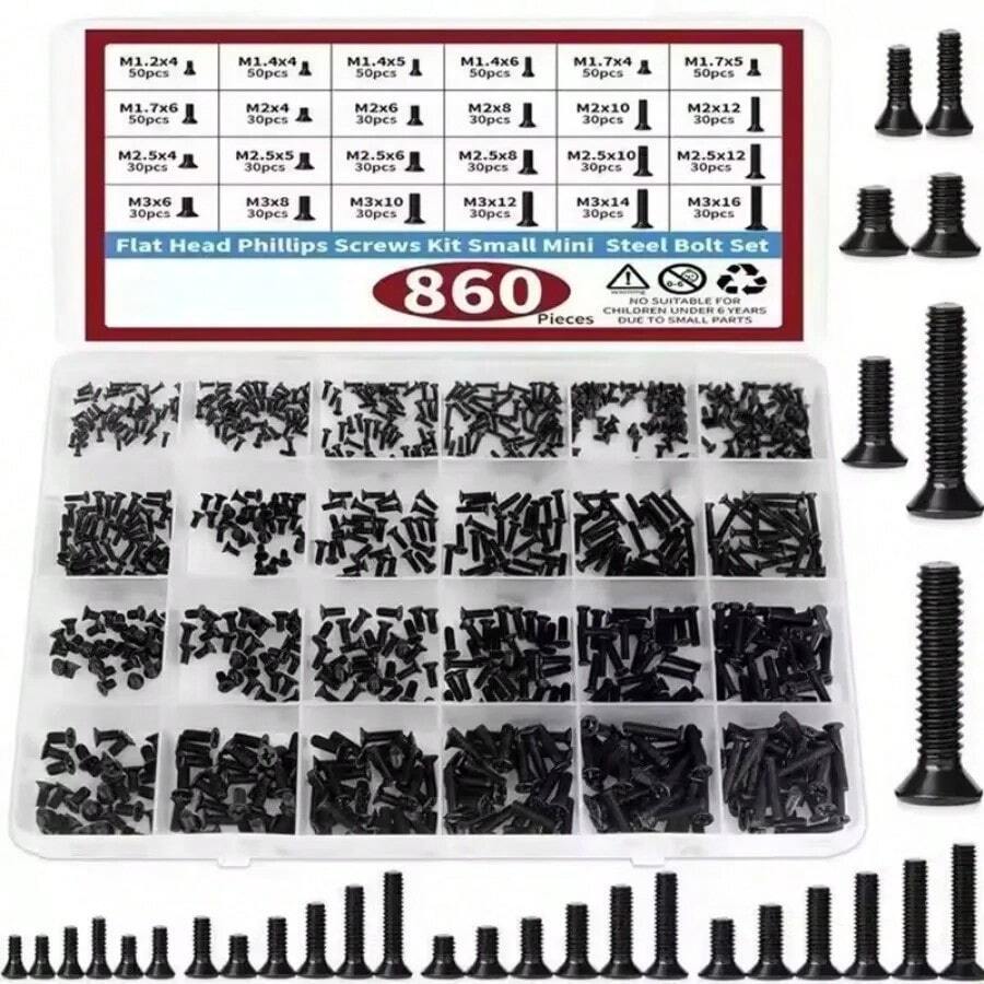 860 PCS Small Computer Screws Assortment Kit, Black Tiny Eyeglass Screws M1.2 M1.4 M1.7 M2 M2.5 M3 - Black - View 1