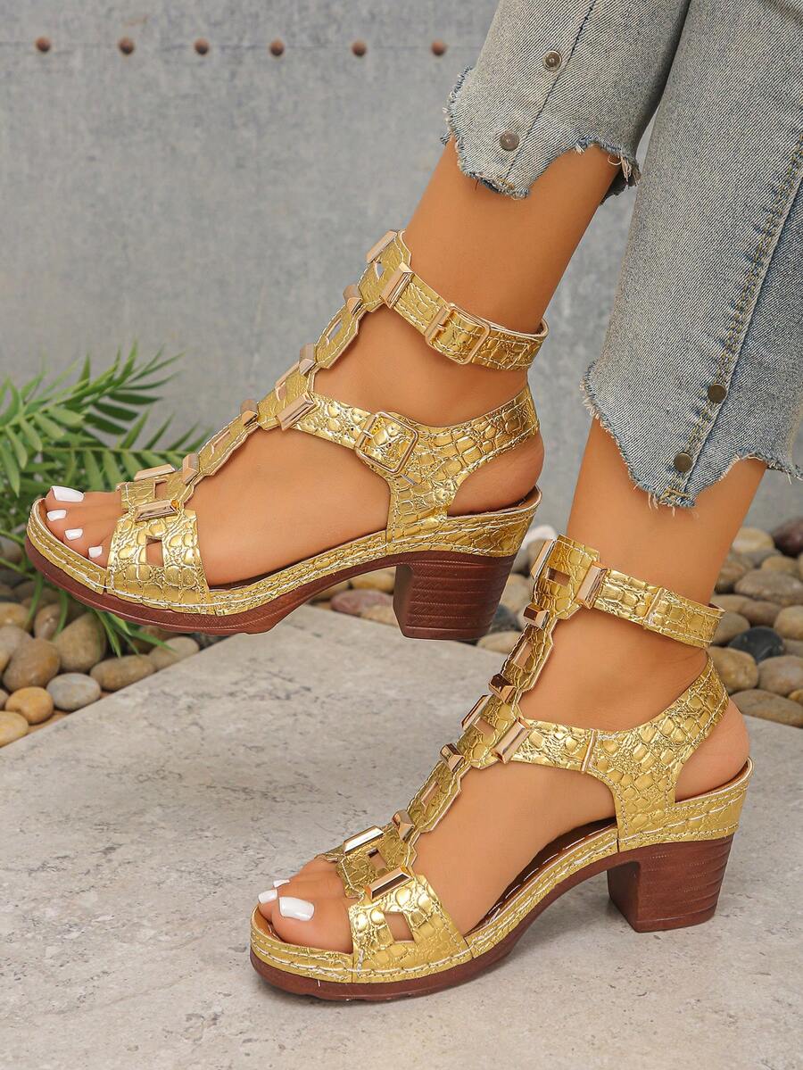 Women's Crocodile Embossed Rivet Decor Square Hollow Buckle Strap Roman Sandals Fashion Forward Summer Daily Party Gold High Heel Sandals - Gold - View 1