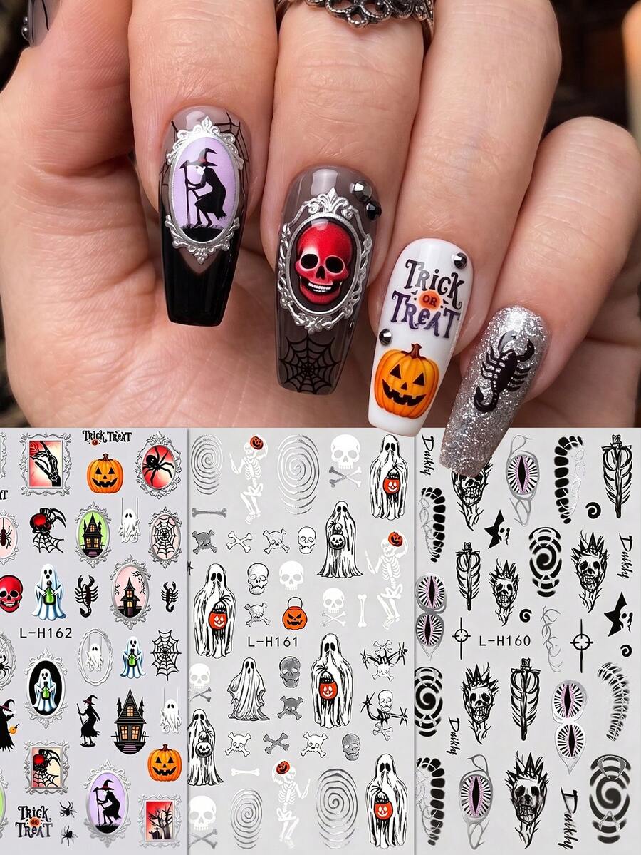 3pcs Halloween Day Of The Dead Self-Adhesive Pumpkin Lantern Ghost Skeleton Witch Spider Web Pattern Nail Art Decoration Metal Silver Dark Horror Party Autumn Winter Holiday DIY Nail Artist Supplies Nail Stickers