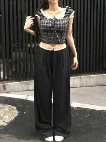 Solid Color Fishbone Pressed Line Vacation Design Waistband Lightweight Loose Straight Leg Long Pants Casual Sports Pants Black - Black - View 3