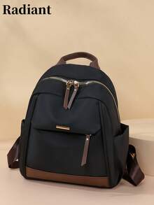 Balo mini nữ vải Oxford, phối viền PU màu trơn, khóa kéo kim loại, nhiều ngăn, chống nước, túi du lịch thường ngày (balo đi học) - màu đen - Xem 1