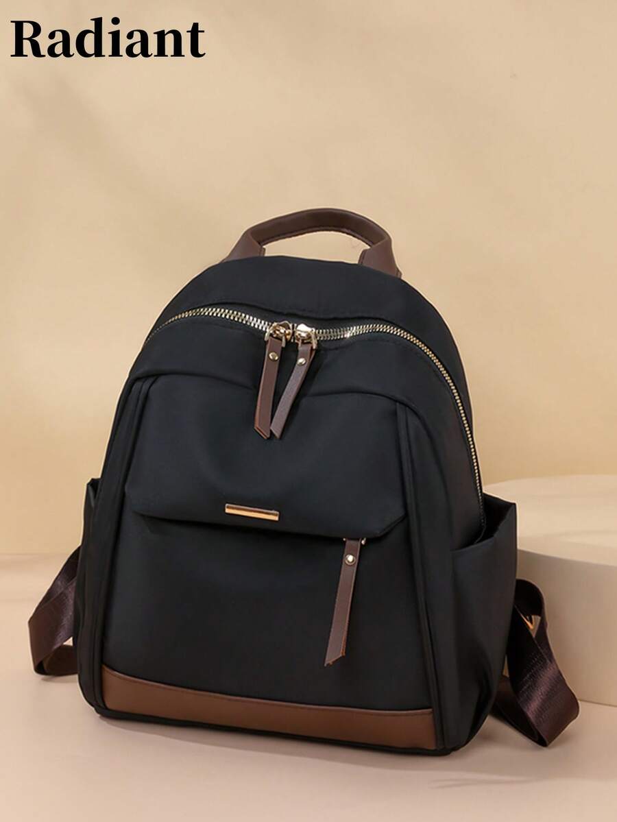 Balo mini nữ vải Oxford, phối viền PU màu trơn, khóa kéo kim loại, nhiều ngăn, chống nước, túi du lịch thường ngày (balo đi học) - màu đen - Xem 1