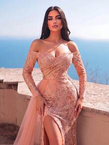 Faeriesty Gaun Malam Formal Berhiaskan Manik-manik dan Payet dengan Model Bahu Terbuka dan Belahan Paha yang Menawan, Cocok untuk Pesta, Pernikahan, Liburan Musim Gugur - Coral Orange - View 4