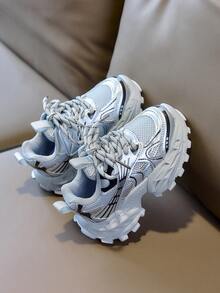 Kids Silver Grey Mesh Chunky Sneakers, Spring/Autumn Breathable Thick Sole Shock-Absorbing Non-Slip Sports Running Shoes For Boys And Girls - Grey - View 4