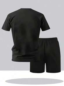 Random 3 Sets, Send 1 Set, Red, White, And Black Champion Tight Icon Pattern Crew Neck Short-Sleeve T-Shirt And Shorts Set, Summer Outdoor Sportswear, - Black - View 3