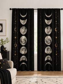2pcs Polyester Printed Starry Night Sky Forest Moon Pattern Semi-Sheer Curtains, Rod Pocket Design, Machine Washable, Perfect For Bedroom, Office, Kitchen, Living Room, Study Decoration (Rod Not Included), Bedroom Decor, Living Room Curtains - Multicolor 3 - View 9