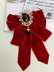 1pc Vintage Court Style Burgundy Velvet Double Layer Bow Tie With Gold Hollow Flower Frame Black Gemstone Teardrop Pendant Adjustable Neck Cord, Wedding Dress JK Shirt Christmas Atmosphere Neck Accessory For Halloween Cosplay Party, Event, Photo Shoot - Red - View 5