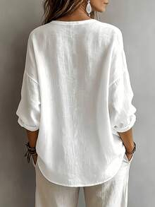 New Women's Casual Loose Fashion Elegant Solid Color Long Sleeve V-Neck Pullover Blouse, Suitable For Daily Wear - White - View 6