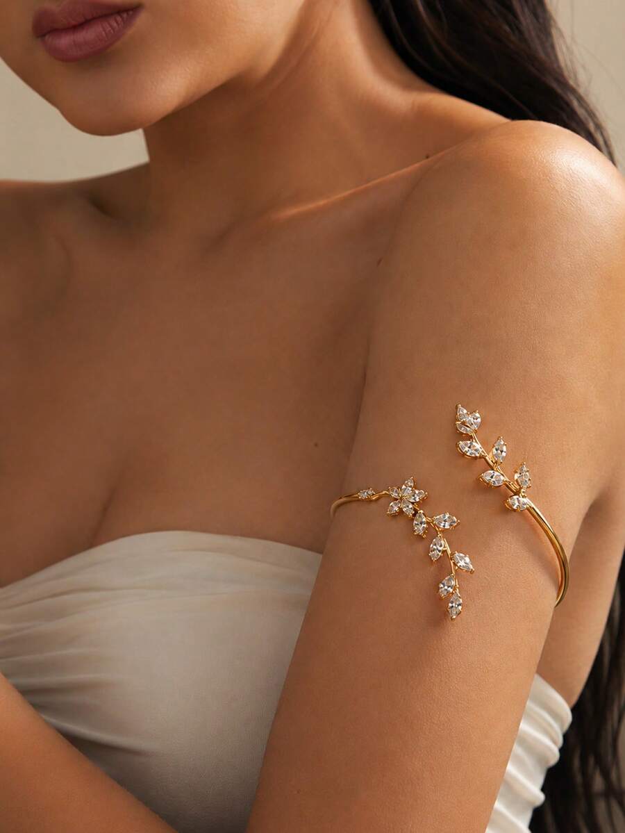 1pc Cubic Zirconia Flower Arm Cuff Women's Fashion Party Accessory - Gold - View 1